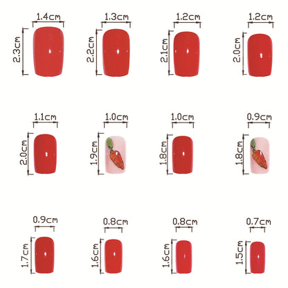 Red Short Square Easter Bunny Carrot Heart Nails