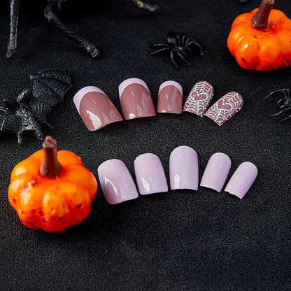 Mid-Length Euro Square Pink French Web Heart Nails Halloween Spicy Girl Fake Nails-homeunderwear