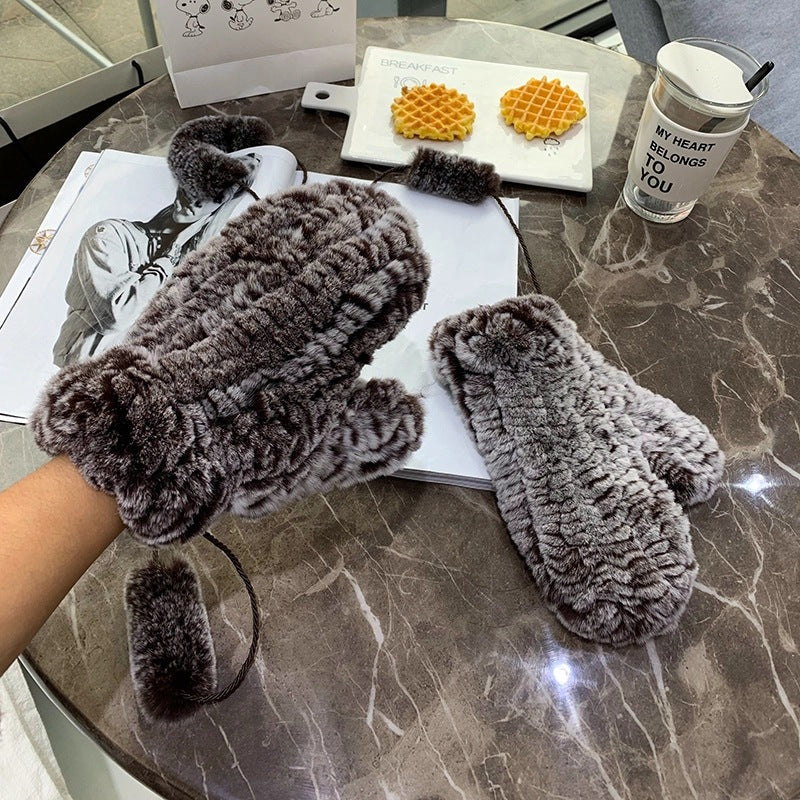 Cute Real Rabbit Fur Mittens - Winter Neck Strap Gloves"