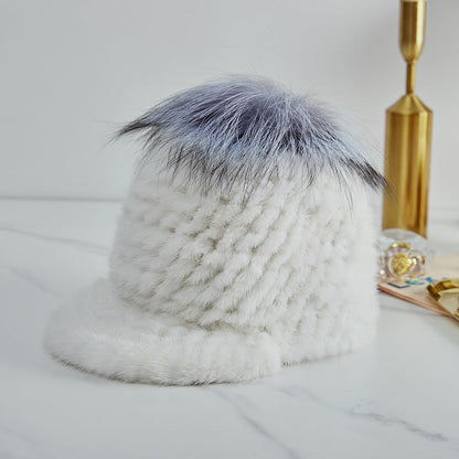 Stylish Mink Fur Cap with Fox Pom Pom - Winter Accessory