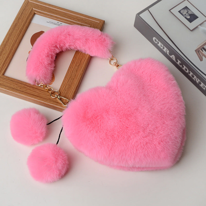 Trendy Heart Shaped Fuzzy Handbag, Clutch