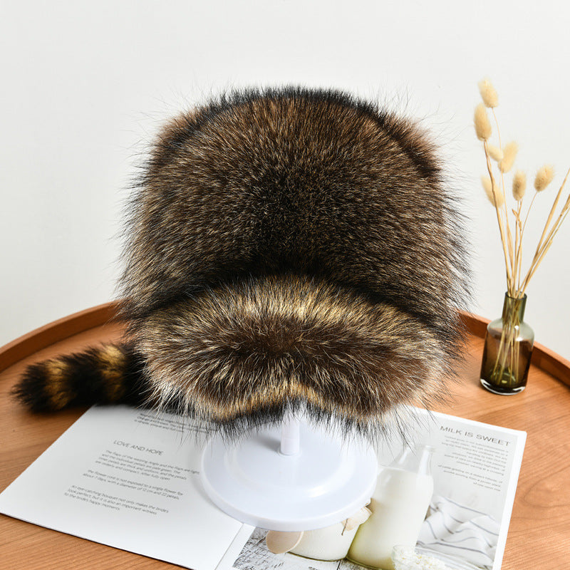 Warm Raccoon Fur Hat with Ear Flaps