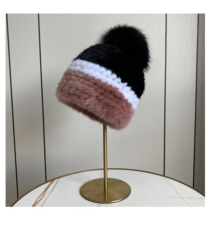 Women's Striped Fur Blend Hat with Real Rabbit Fur Pom Pom