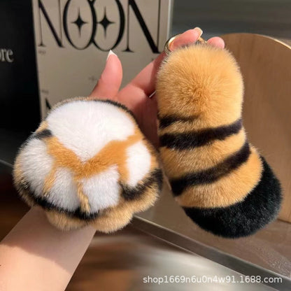 Cute Otter Rabbit Fur Tiger Tail Keychain Plush Gift