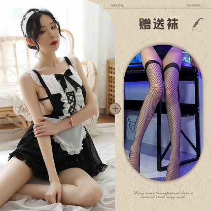 Sexy Transparent Lace Maid Pajama Set Sex Lingerie