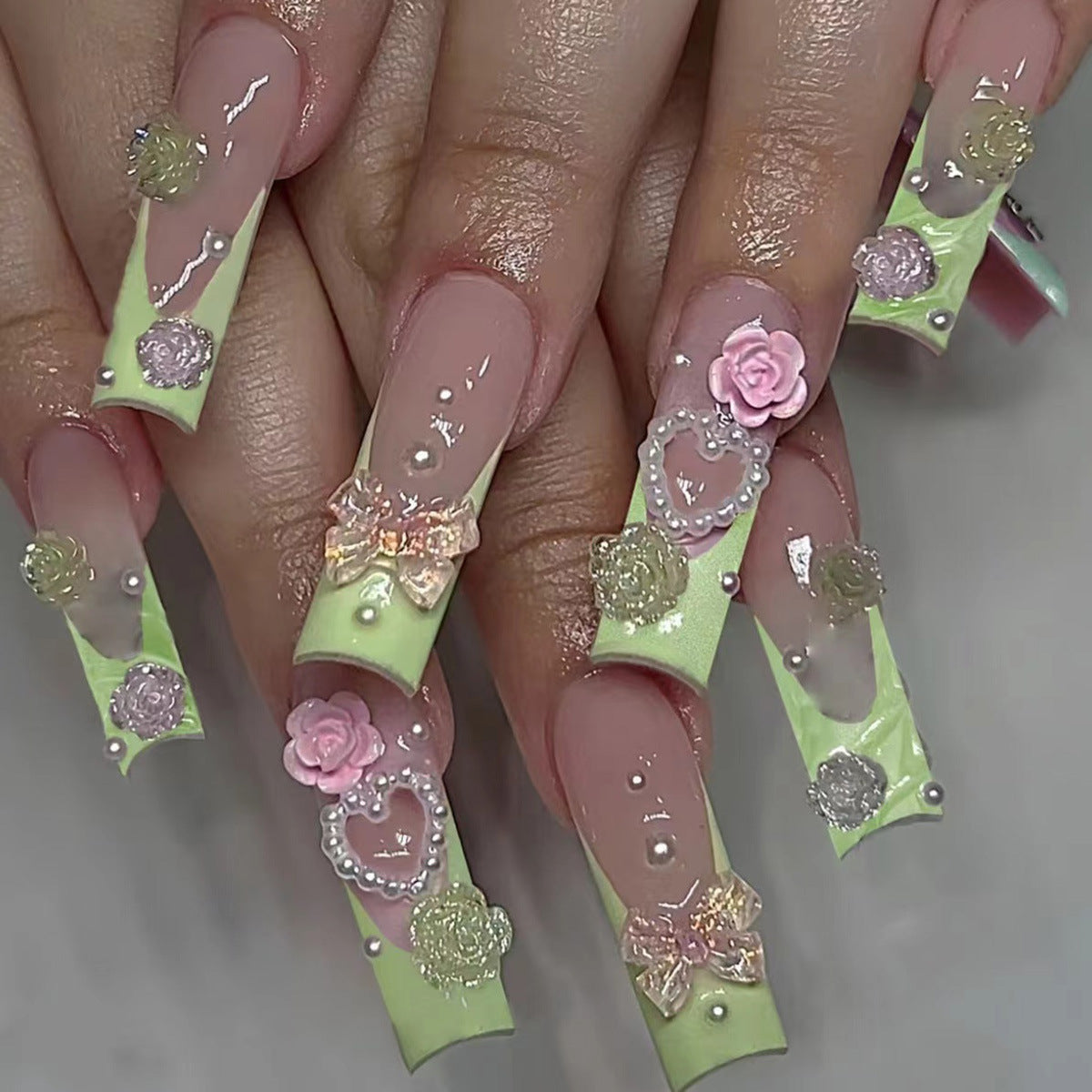 Long French Green Camellia Nail Tips with Bow