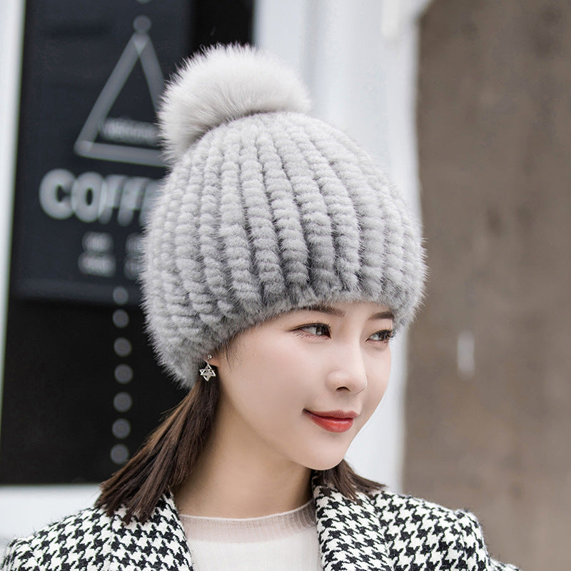 Winter Mink Fur Hat with Fox Pom Pom - Stylish & Warm