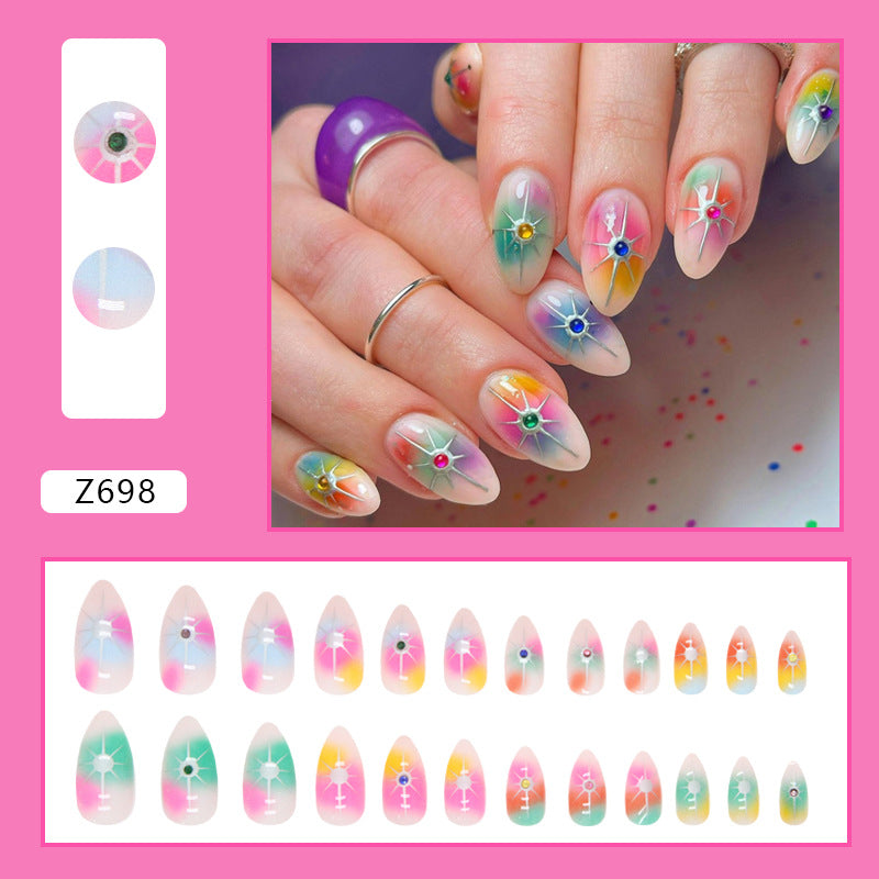 Colorful Rainbow Star Diamond Nails Euro Star Almond Fake Nails Spicy Girl Halloween-homeunderwear