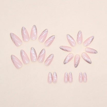 Almond Shape Soft Pink Nails, Shiny Slanted French Design