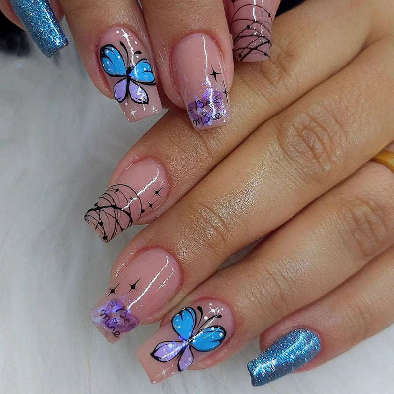 Cool Blue Flash Butterfly Short Ballet Nails for Ins Style