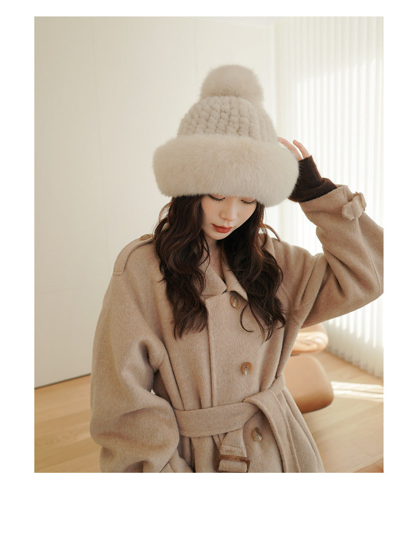 Luxury Mink Fur Hat with Big Fox Pom Pom