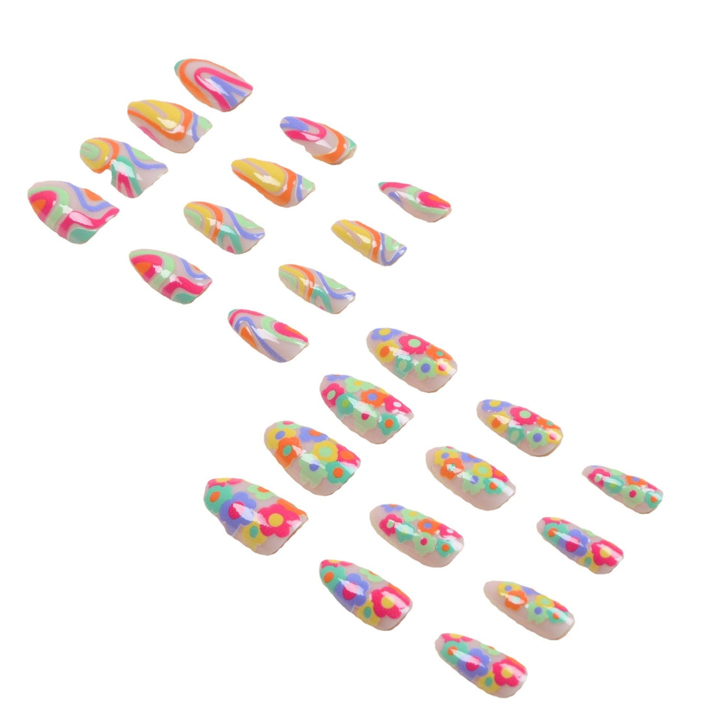 Rainbow Striped Nail Tips with Mini Flowers