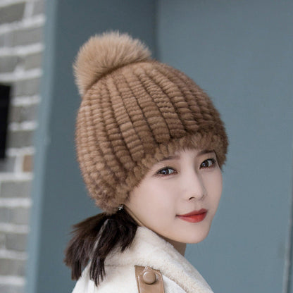 Winter Mink Fur Hat with Fox Pom Pom - Stylish & Warm