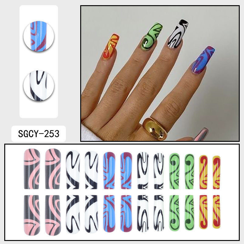 24-Piece Long Graffiti Geometric Nail Extensions, Detachable