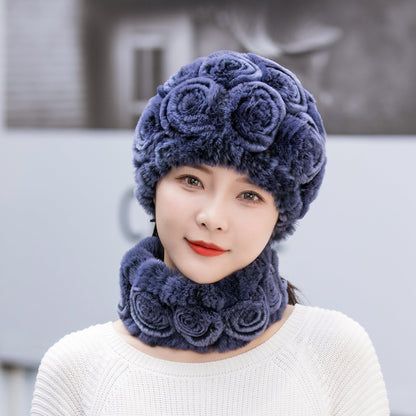 Warm Real Rabbit Fur Ear Flap Hat & Scarf Set