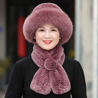 Women's Winter Warm Otter Rabbit Fur Bucket Hat & Scarf Set