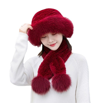 Winter Real Rabbit Fur Hat & Scarf Set - Stylish & Warm