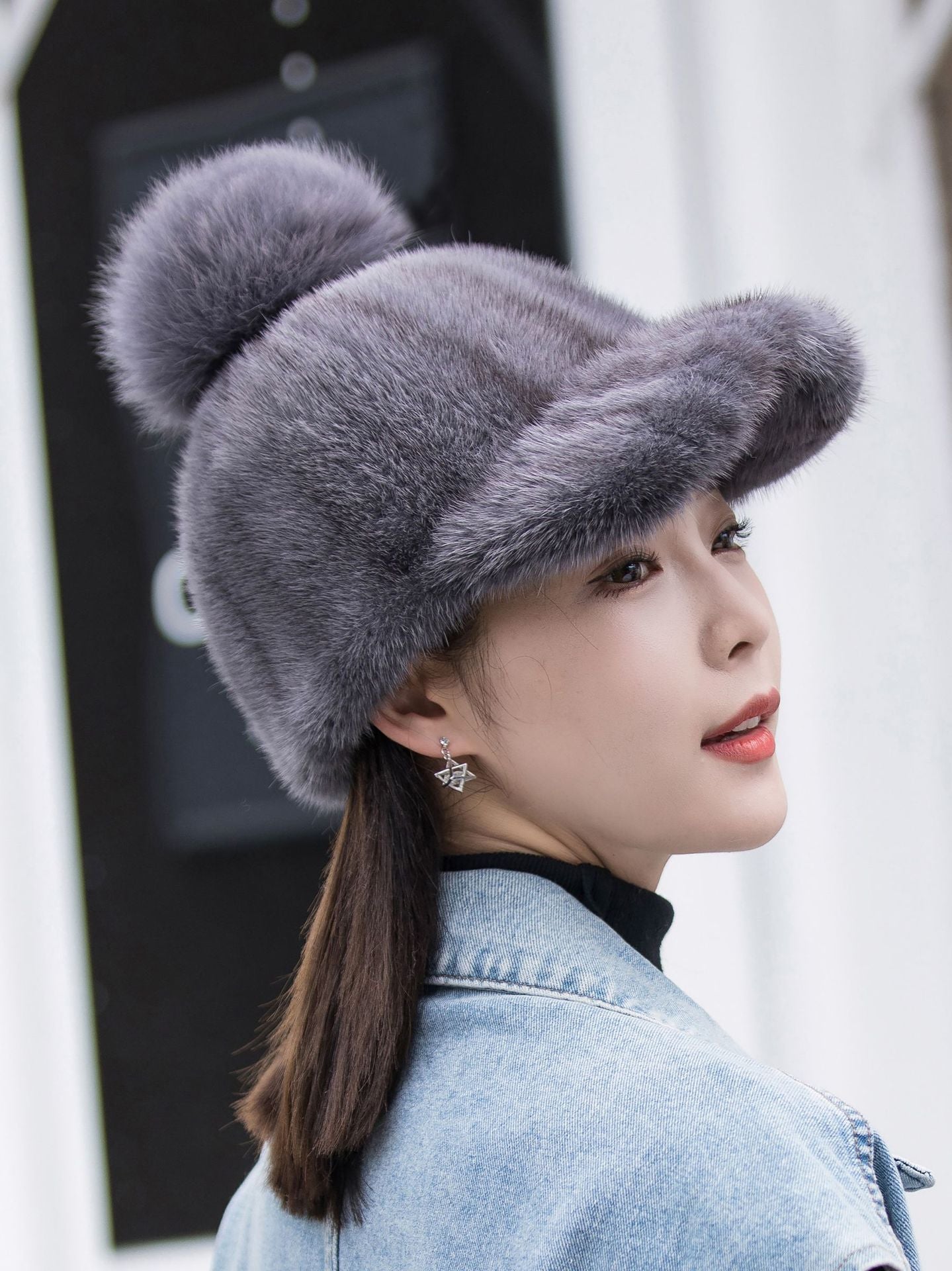 Warm Mink Fur Hat - Fox Pom Pom Baseball Cap