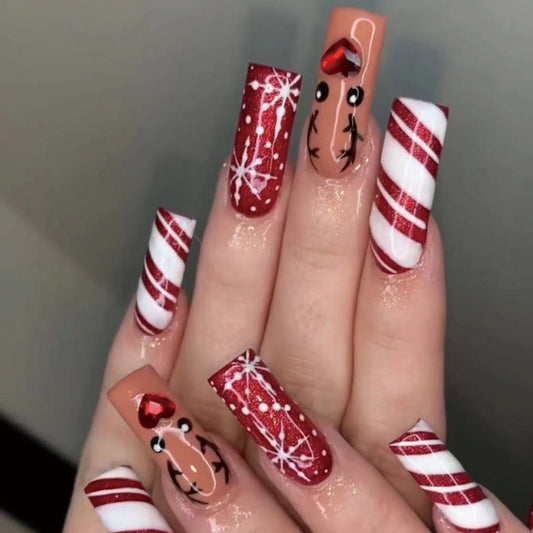 Extra Long Rectangular Christmas Nails with Red Glitter and Reindeer