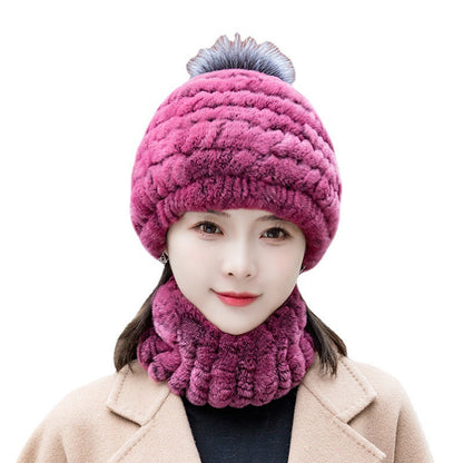 Warm Real Rabbit Fur Ear Flap Hat & Scarf Set