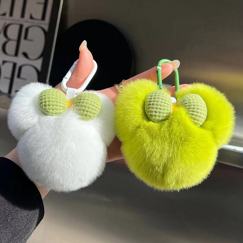 Cute Real Rabbit Fur Mickey Head Keychain with Bow