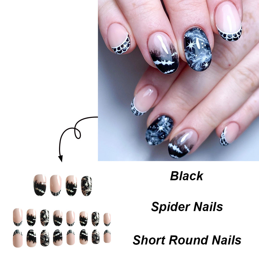 New FashionShort Round Cow Print Bat Halloween Nail Tips-homeunderwear