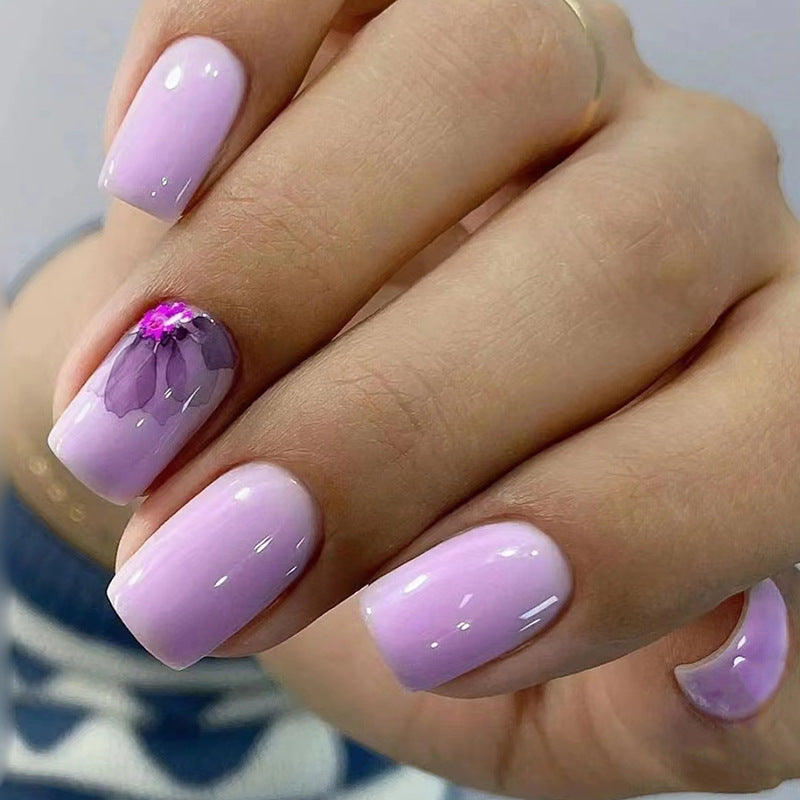 24-Piece Gradient Purple Nails - Blush Tones, Floral Design, Elegant