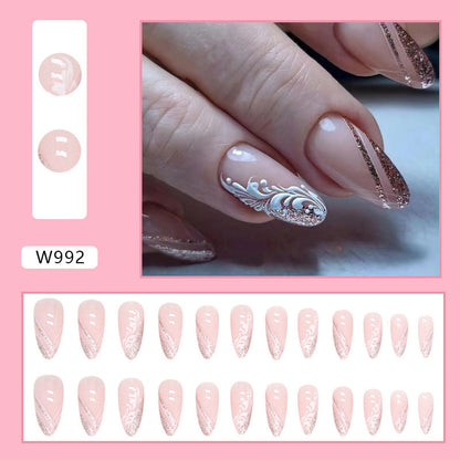 Almond Shape Soft Pink Nails, Shiny Slanted French Design