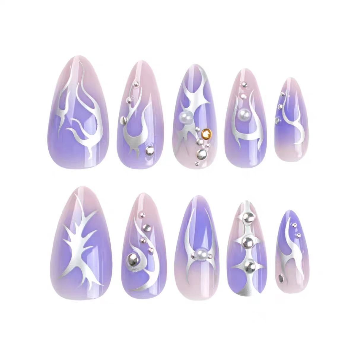 Almond Purple & Silver Flame Fall Nails - Removable Nail Tips