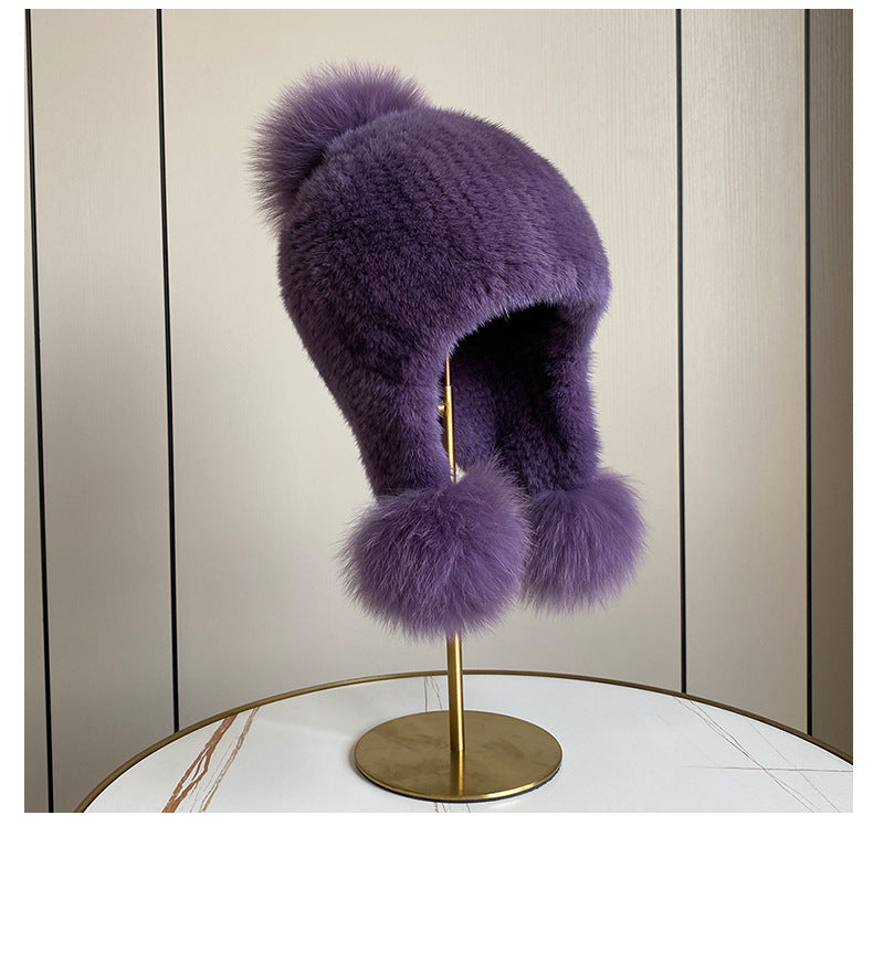 Warm Mink Fur Hat with Fox Fur Pom Pom - Winter Accessory