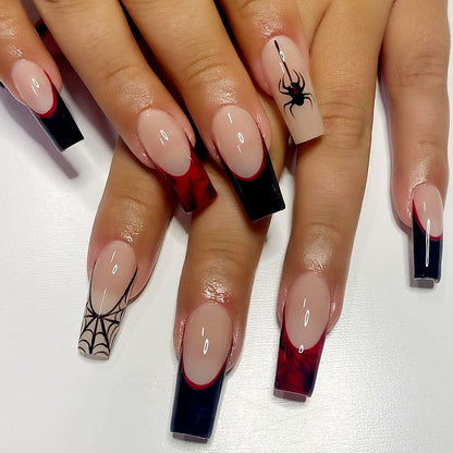 Halloween Spider Web Long Square Nail Tips