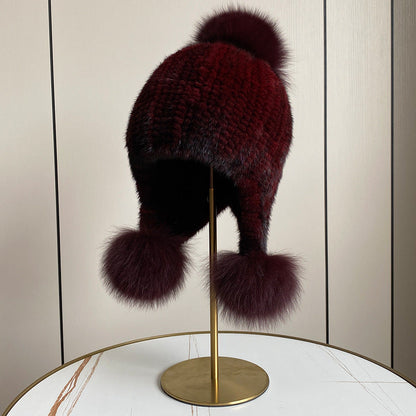 Warm Mink Fur Hat with Fox Fur Pom Pom - Winter Accessory