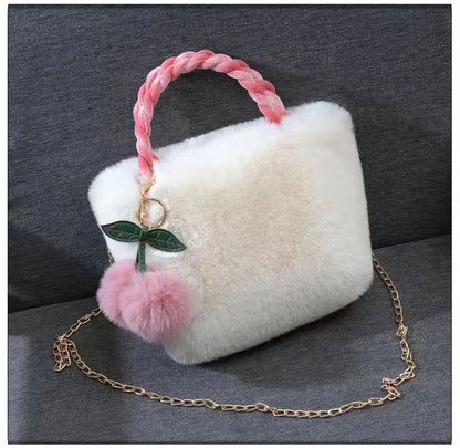 Cute Cherry Fuzzy Handbag Women's Winter Shoulder Tote