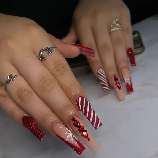 Christmas Long Waterpipe Red White Striped Glitter Snowflake Diamond Matte Fake Nails