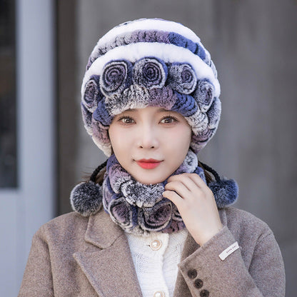 Warm Real Rabbit Fur Ear Flap Hat & Scarf Set