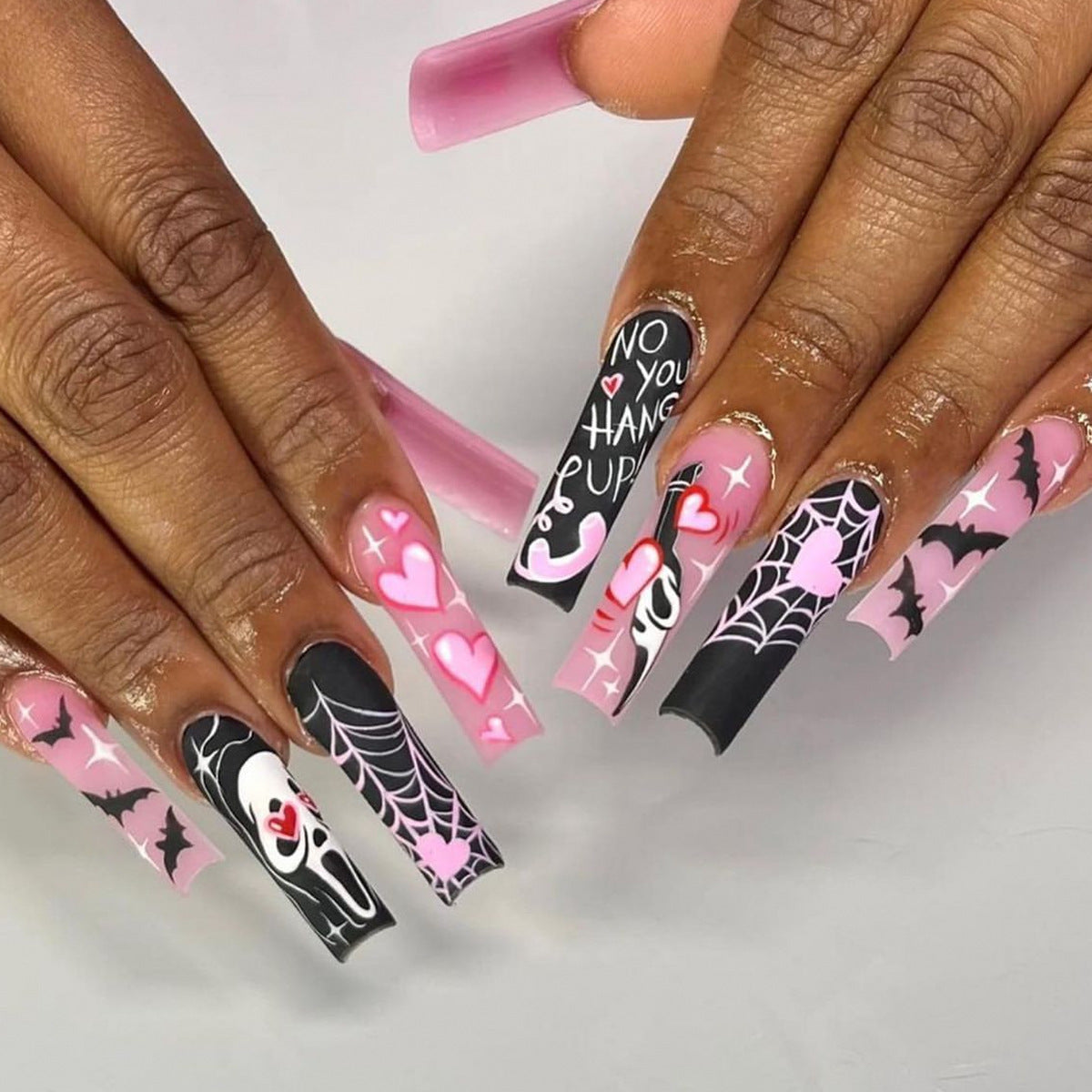 Halloween Long Stiletto Sweet & Cool Nails with Heart and Bat