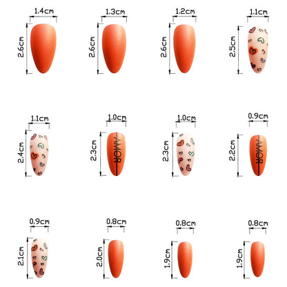 Valentine's Day Orange Almond Nails with Love Heart Designs