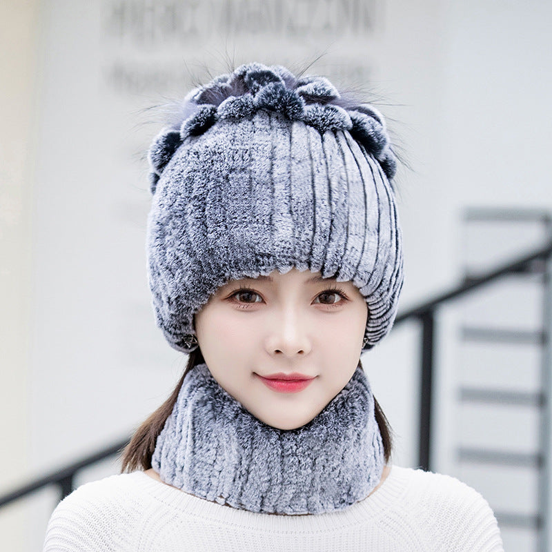 Winter Real Rabbit Fur Hat & Neck Warmer Set