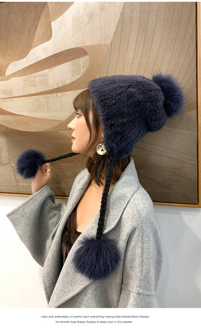 Stylish Mink Fur Hat with Fox Pom Pom