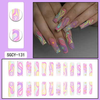 Long Multicolor Line Flower Graffiti Nail Extensions