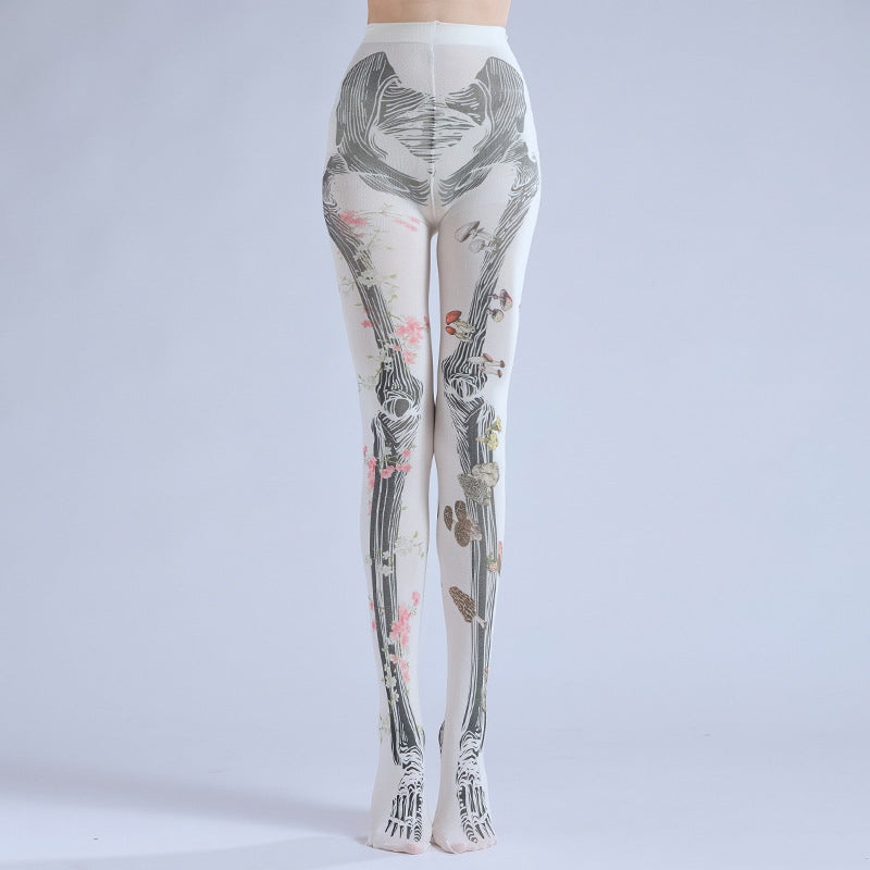 Dark Articulated Bones Print Tattoo Pattern Halloween Dancing Pantyhose