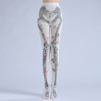 Dark Articulated Bones Print Tattoo Pattern Halloween Dancing Pantyhose