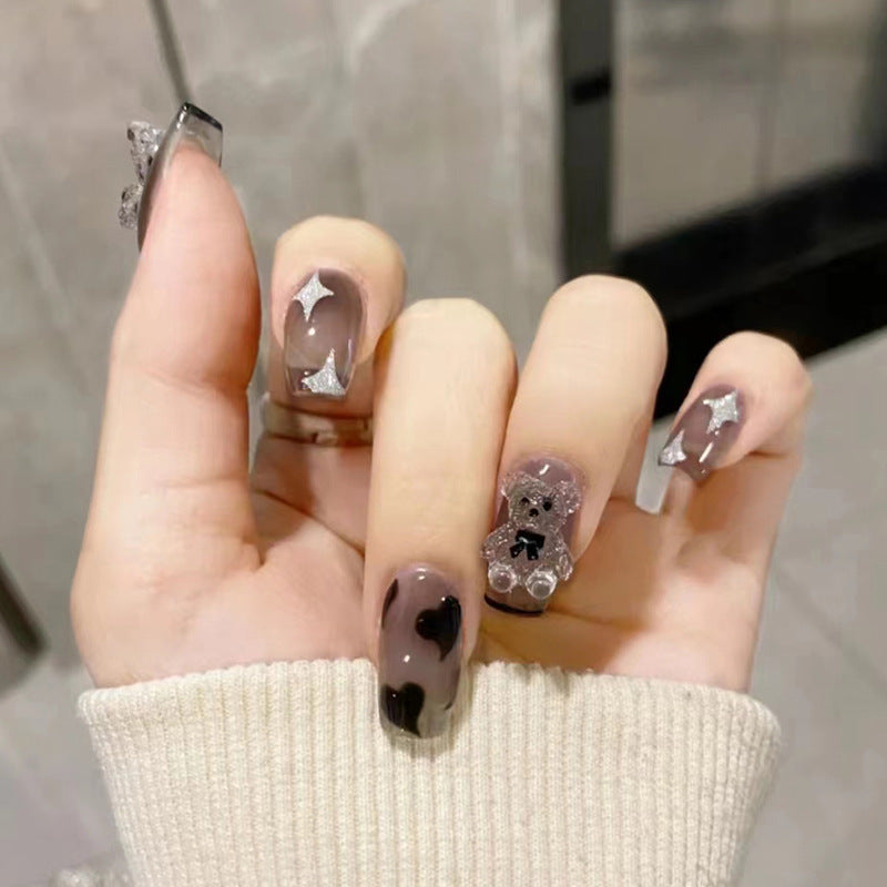 Sweet Cool Black Short Fall Nails - 3D Crystal Bear (24PCS)