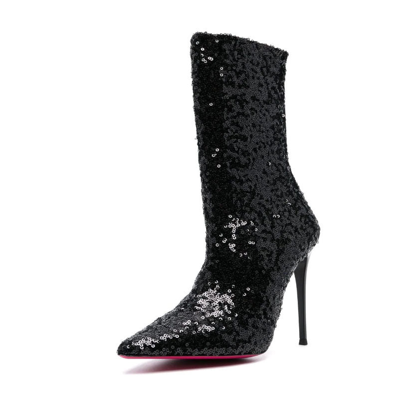 Fashionable Glittering Upper Pointed Toe Stiletto Boots-Homeunderwear