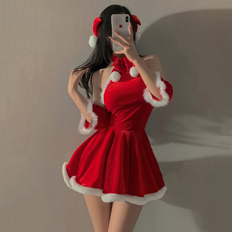 Free Shipping for Sexy Christmas Furry Backless Gold Velvet Slip Dress Bow Short Skirt Set