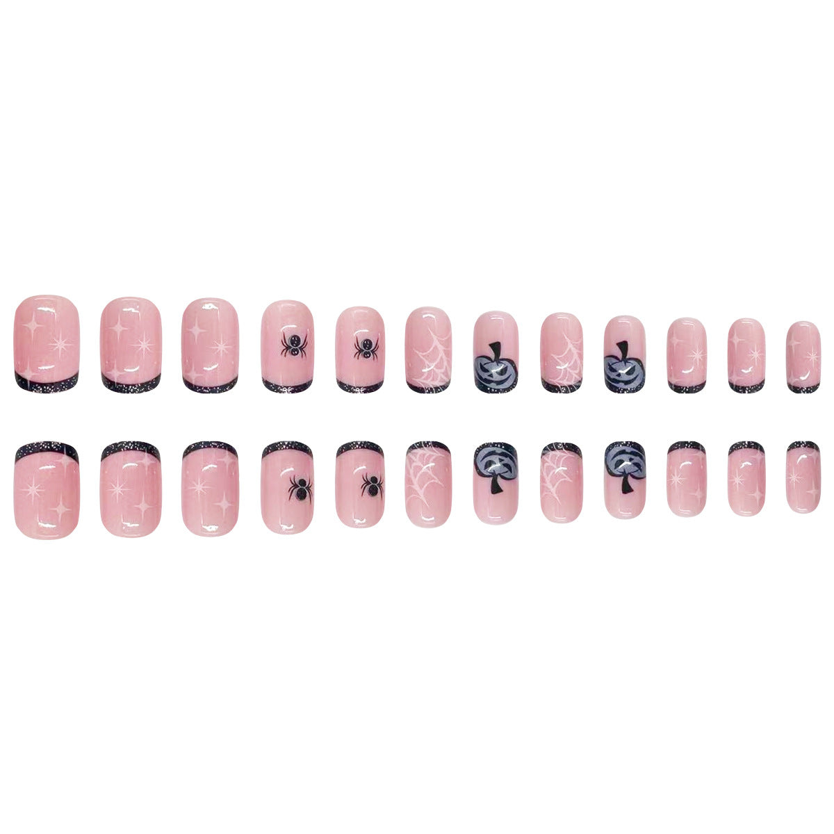 Short Square French Nails with Pink, Black, and Glitter for Halloween