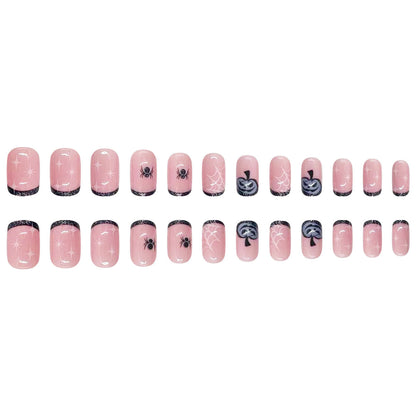 Short Square French Nails with Pink, Black, and Glitter for Halloween