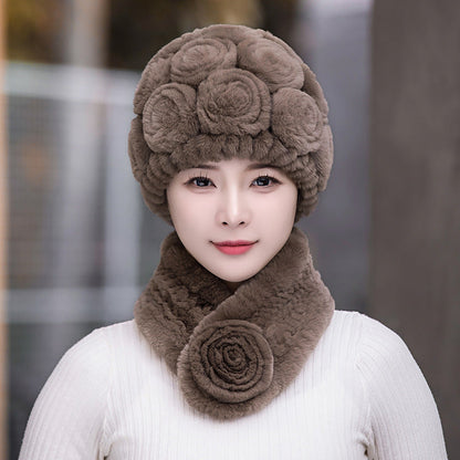 Winter Rex Rabbit Fur Ear Flap Hat & Scarf Set