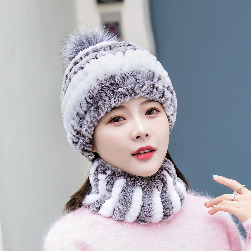 Warm Real Rabbit Fur Ear Flap Hat & Scarf Set