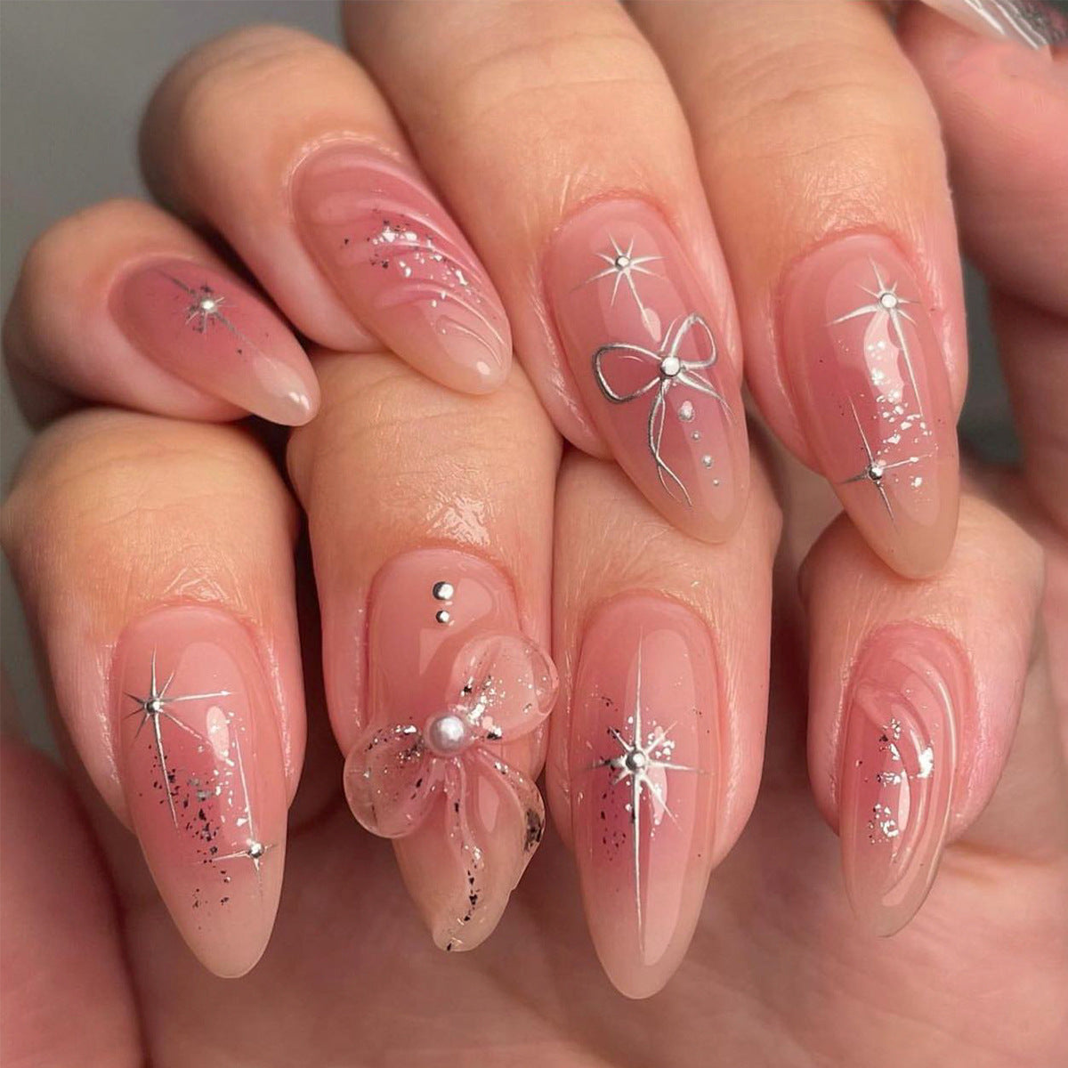 3D Bow Pearl Nail Tips with Starlight Butterfly